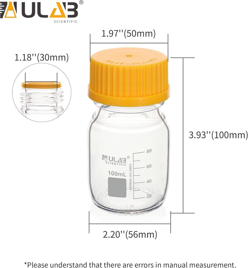 ULAB Round Media Storage Bottle, Vol.100ml(3.4oz) 3.3 Borosilicate Glass Bottles with GL45 Screw Cap, Pack of 12, URB1034 - Image 5